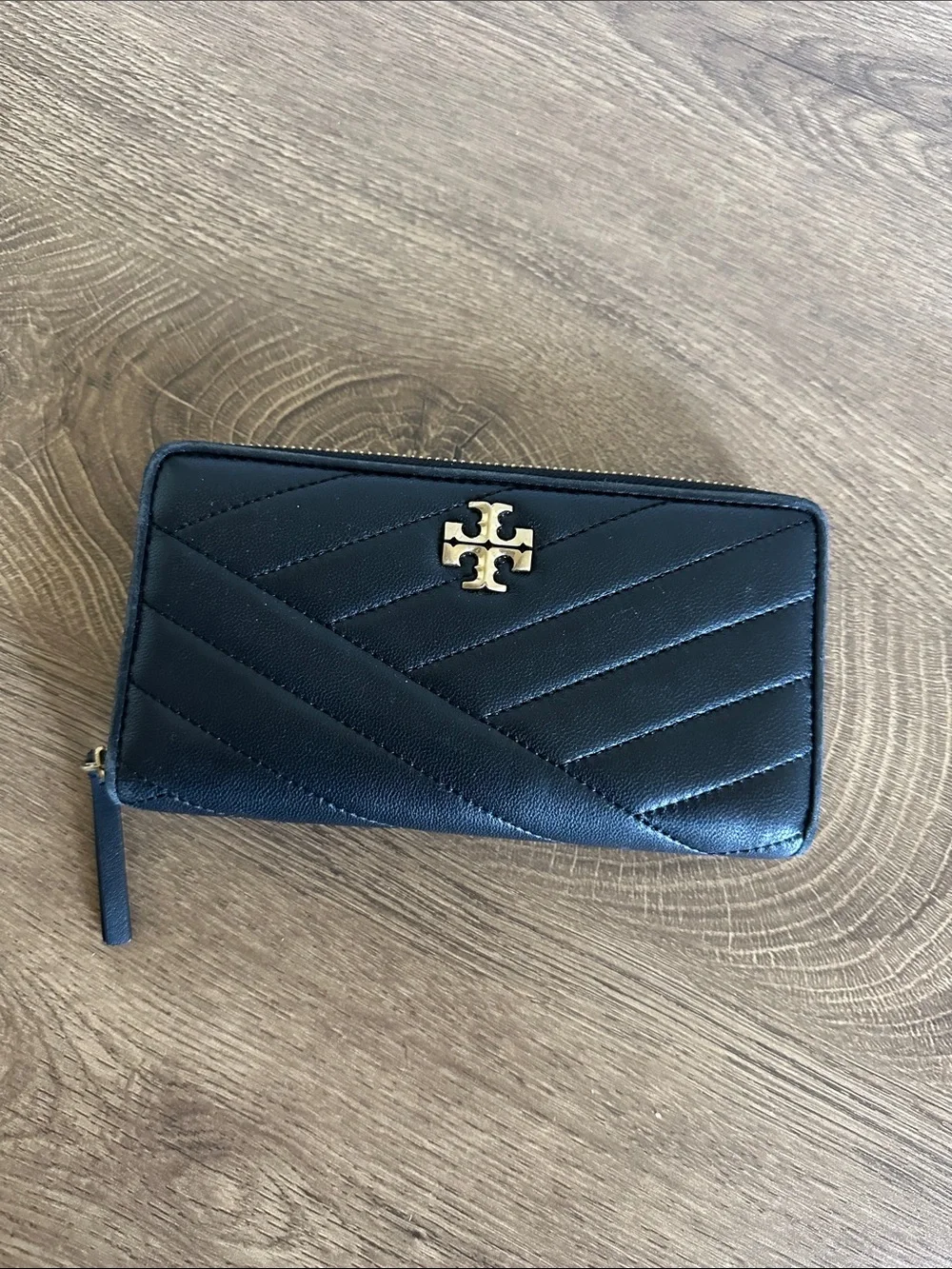 Authentic Tory Burch Black Quilted Zip Wallet with Gold Logo